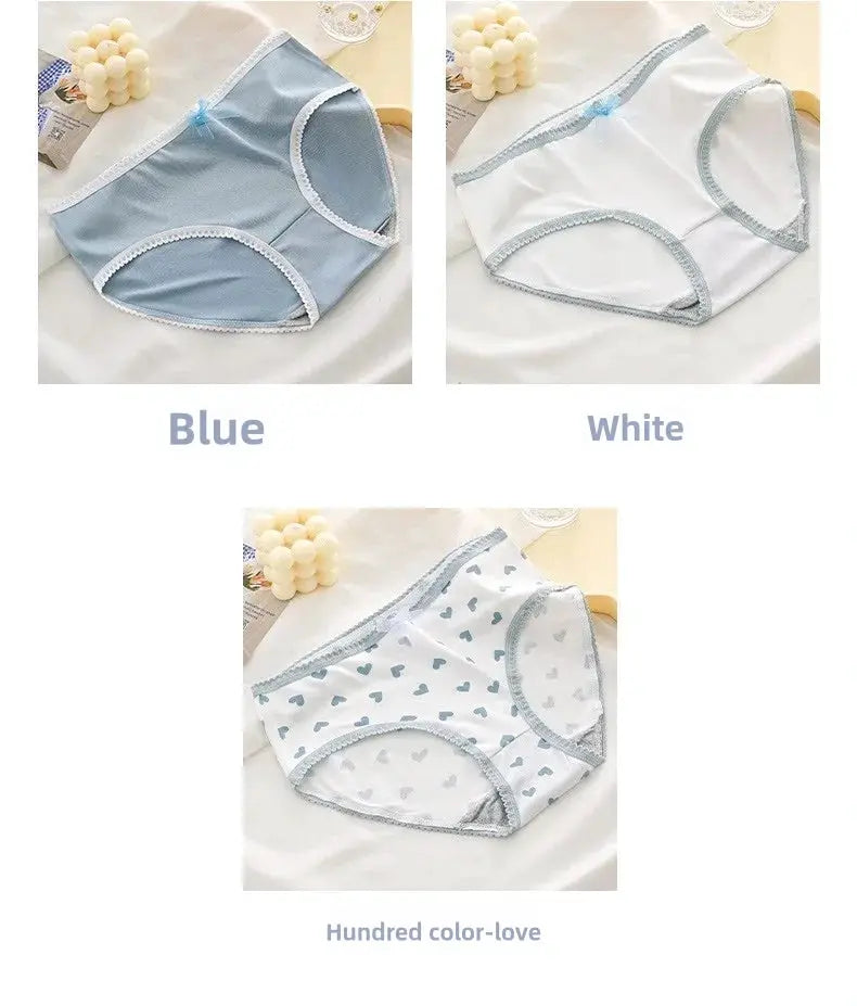 Simples Market 5pc women's cotton panties briefs set in blue solid, white with grey trim, and white with heart print