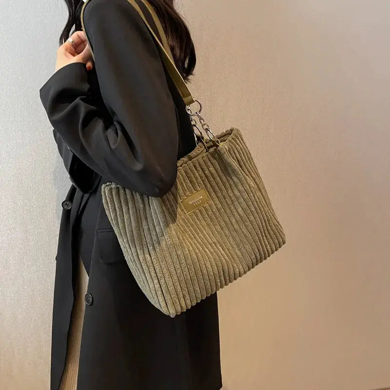 Simples Market Women Corduroy Shoulder Bag in gray, fixed strap, large-capacity handbag.