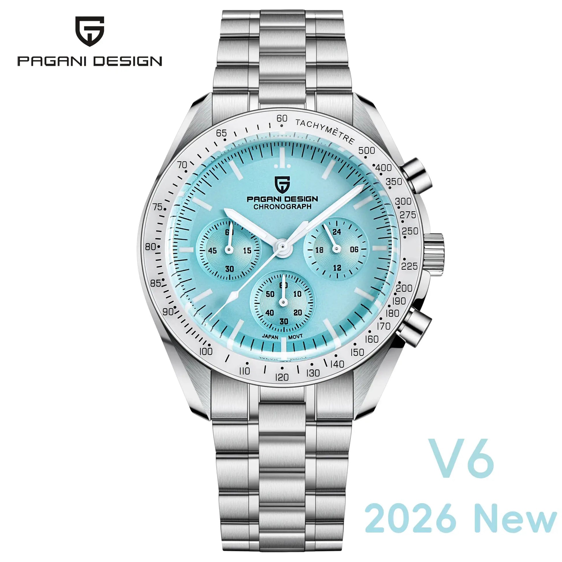 Pagani Design men's stainless steel chronograph watch with turquoise dial and tachymeter bezel