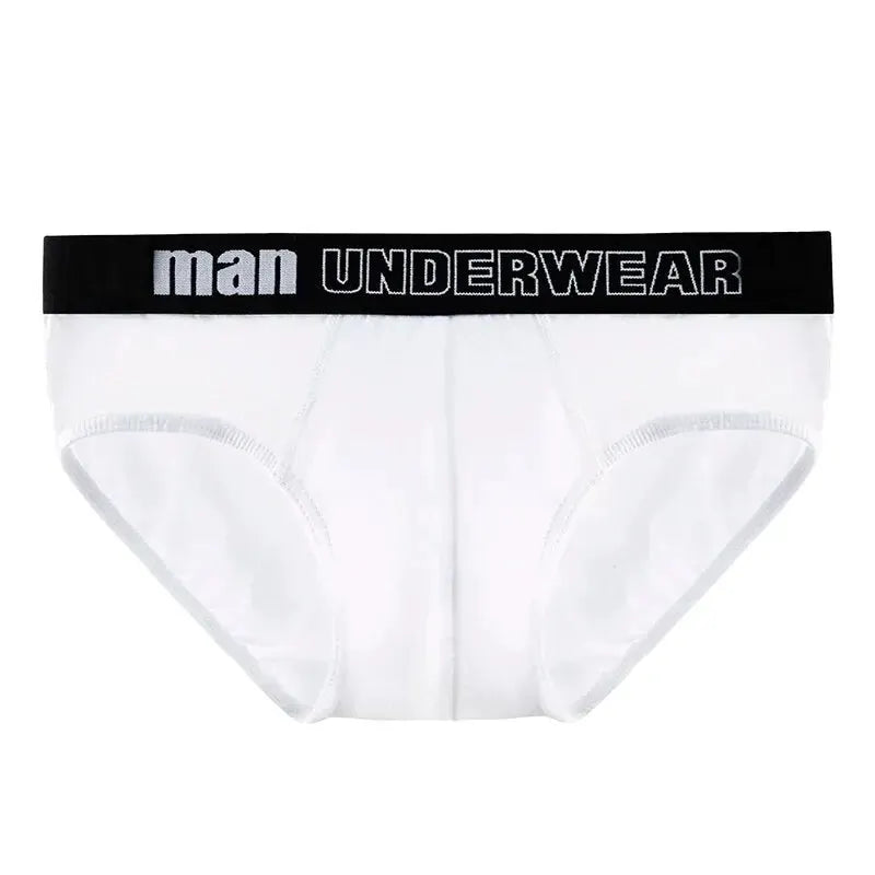 White cotton men's briefs with black elastic waistband featuring man UNDERWEAR, size M/L