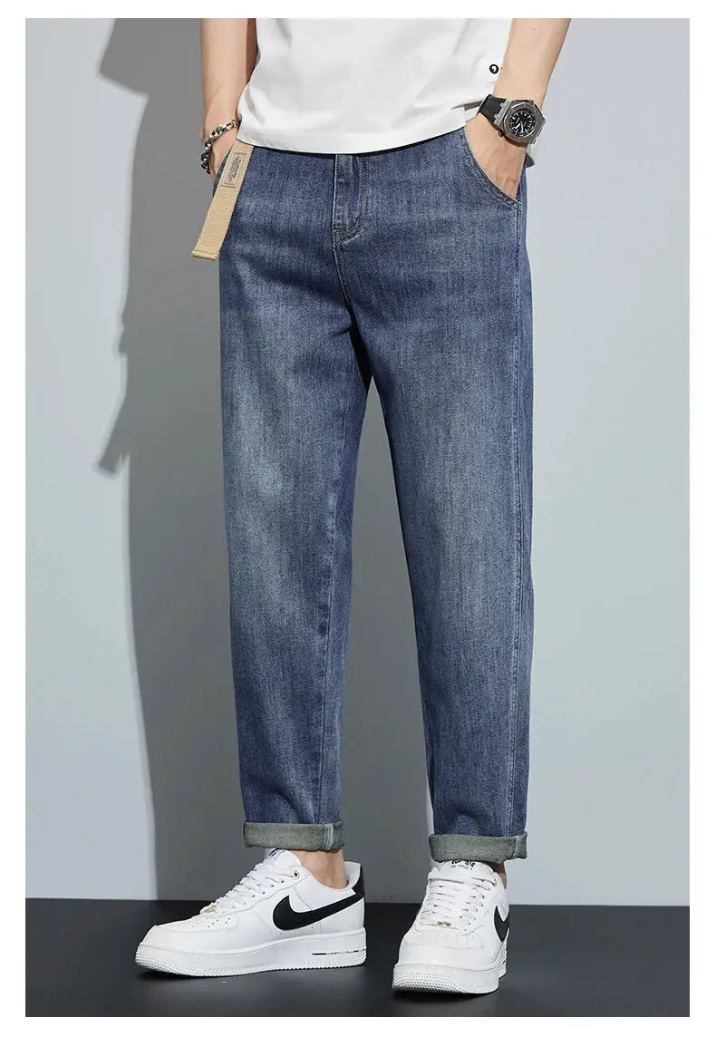 Men's dark blue fleece jeans, loose straight fit with cuffed hems, Simples Market