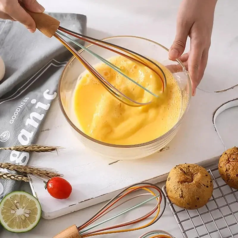 ChefPro Semi Automatic Rotary Whisk With Beech Wood Handle Stainless Steel Head For Effortless Mixing