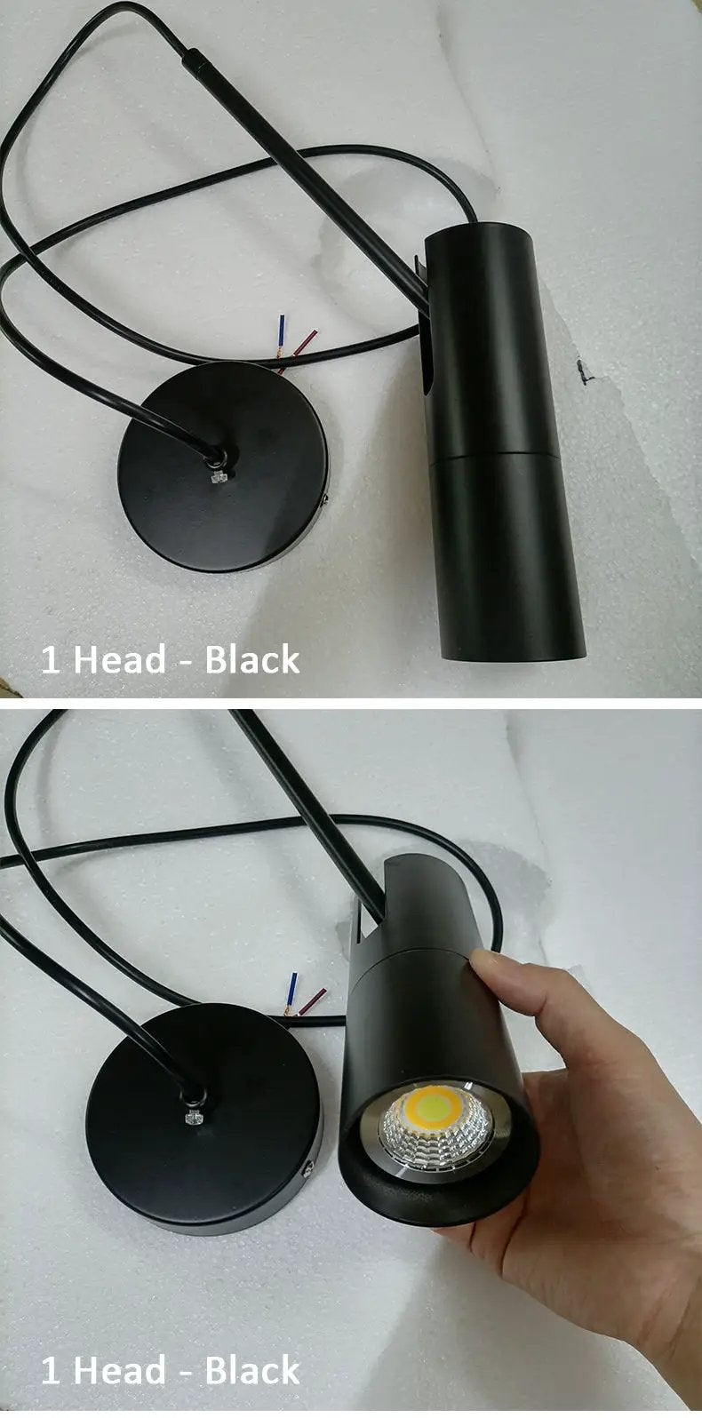Simples Market minimalist LED hanging pendant light in black with cylindrical head and round ceiling mount