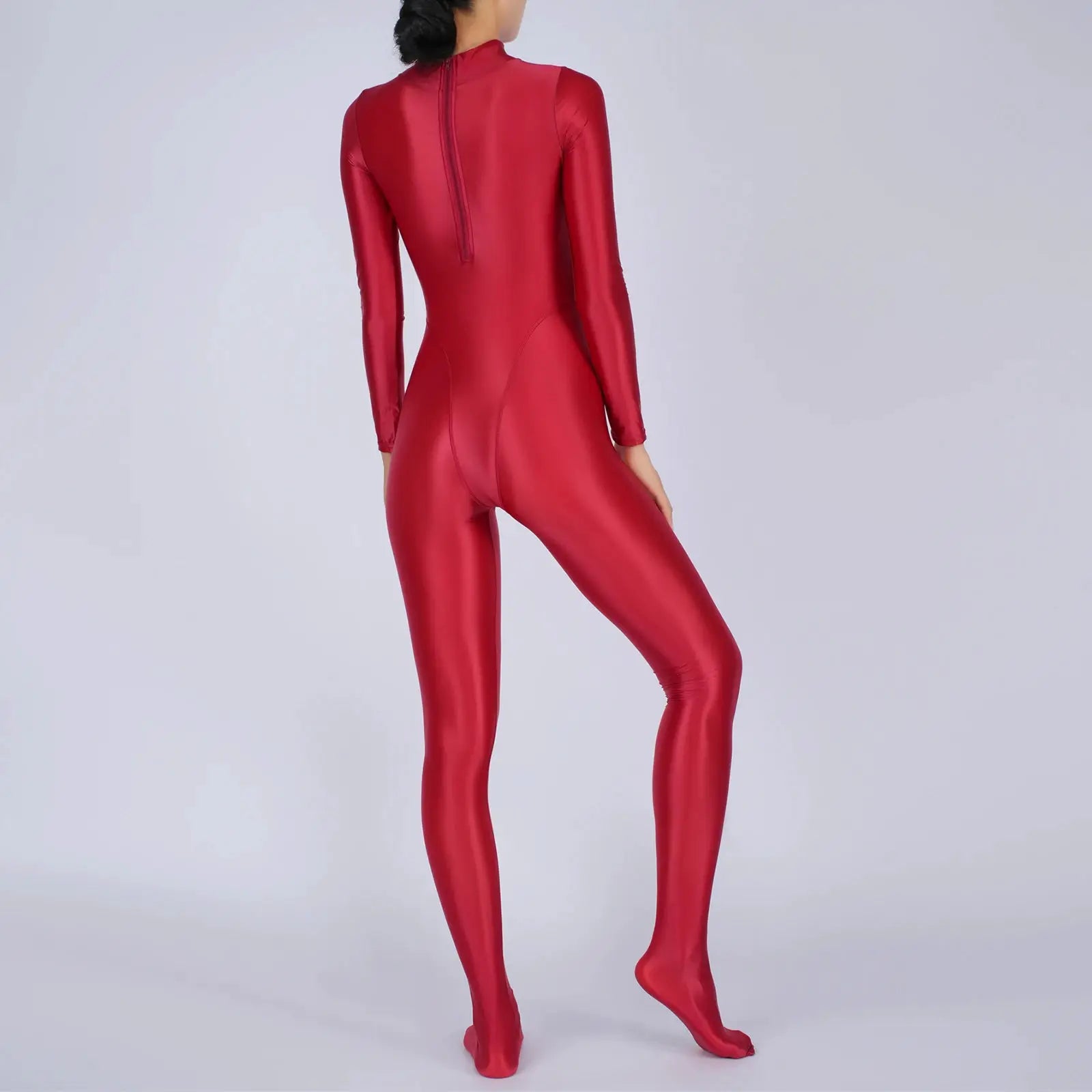Red full-body jumpsuit with long sleeves and footed design, shiny stretch bodysuit; back zipper