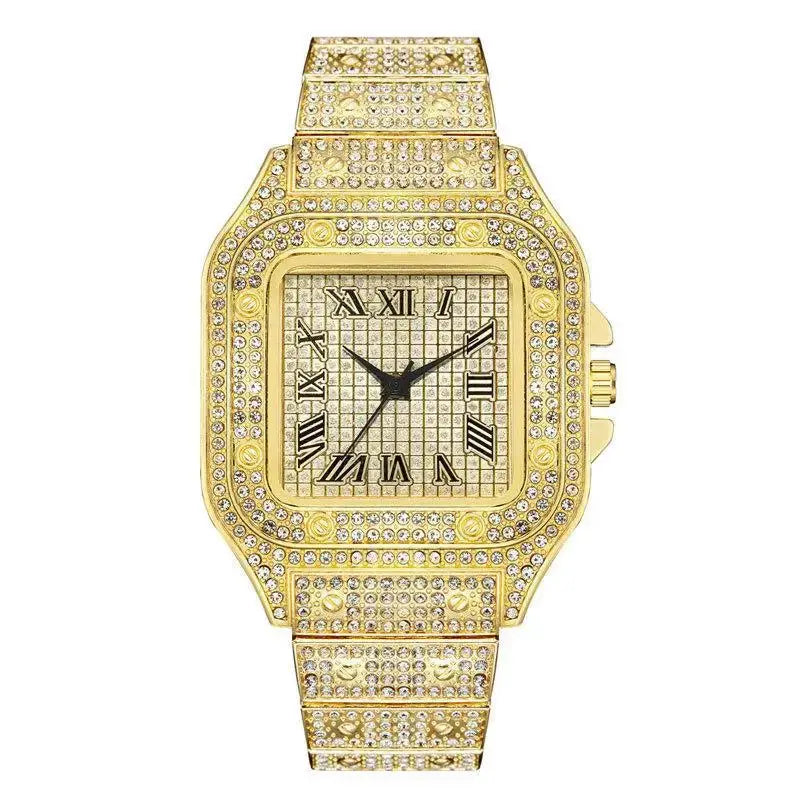 Gold-tone diamond-studded unisex bracelet watch with a square face and Roman numeral dial.