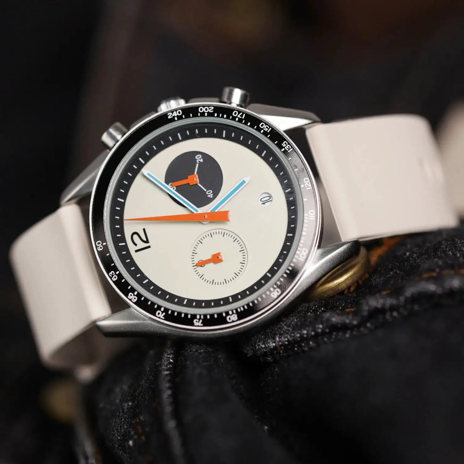 CILOA men's luxury automatic wristwatch with white dial, black bezel, beige strap.