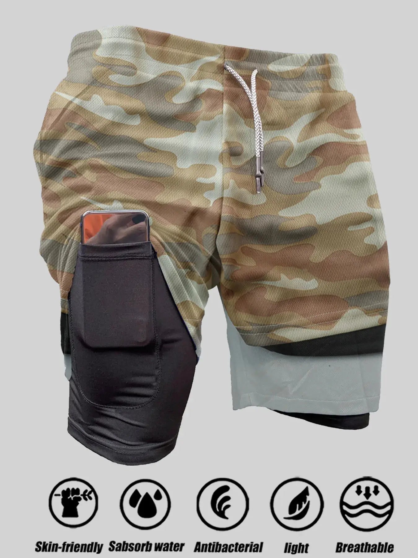 Men's camouflage 2-in-1 sport shorts by Simples Market with zip pocket and breathable quick-dry fabric.