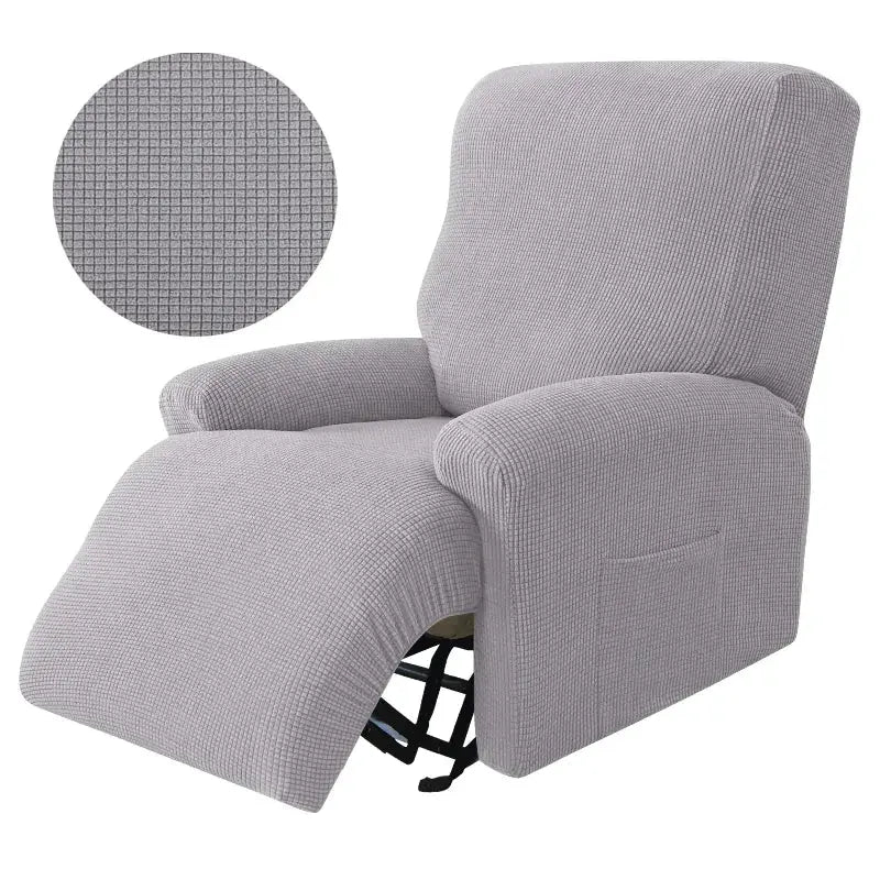 Recliner chair slipcover in solid gray stretch spandex, non-slip 4pcs set