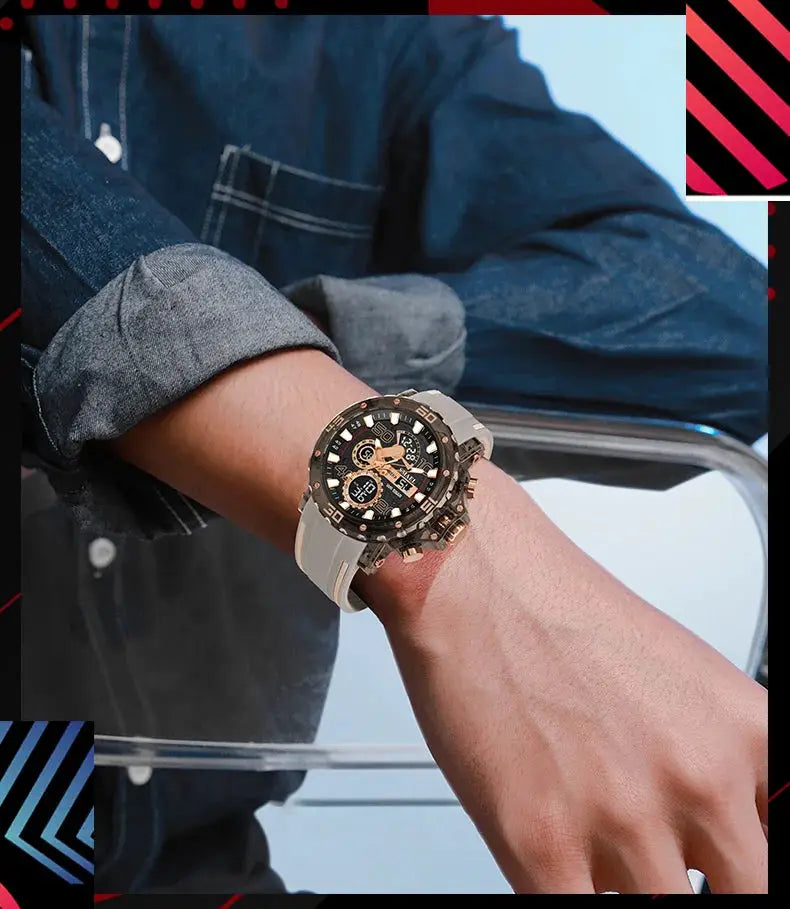 Military-style men's sports watch with gray strap, black dial, 50M waterproof and multiple sub-dials