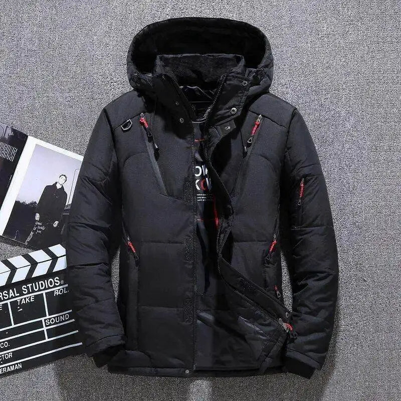 Men's black hooded down jacket, oversized padded parka with red zipper accents