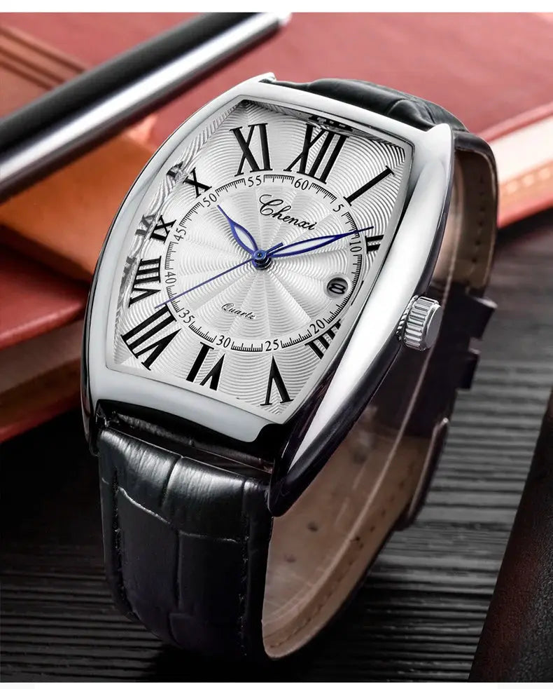 CHENXI Mens Watch with curved glass, silver-tone case, white dial with Roman numerals, blue hands, black leather strap