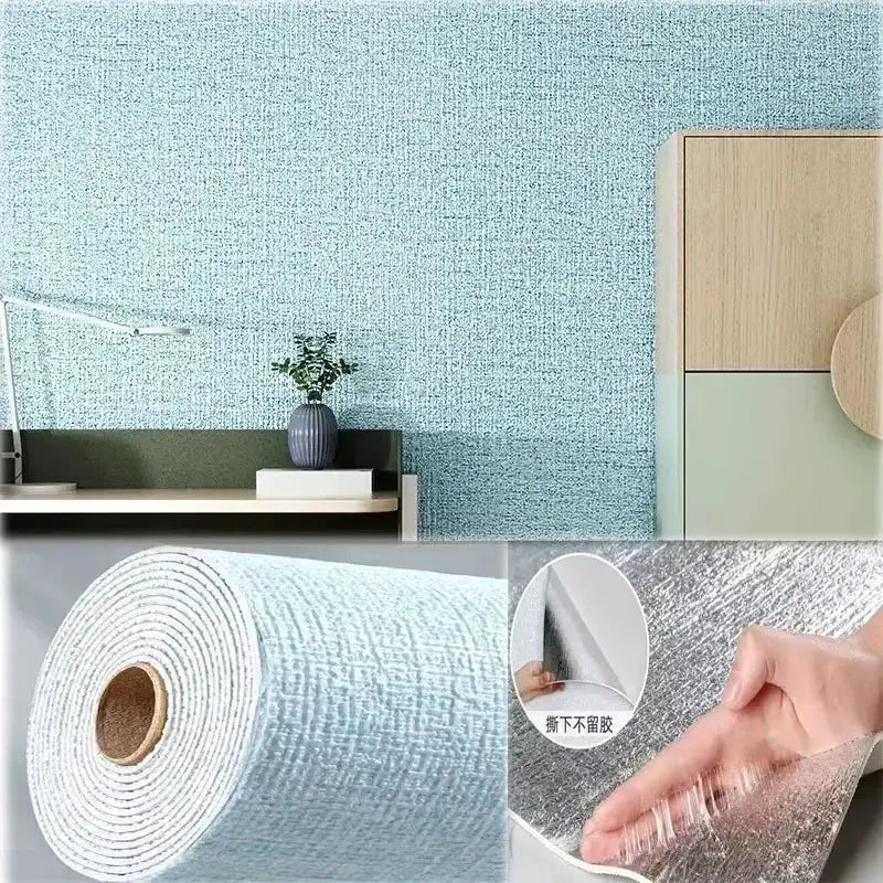Self-adhesive wallpaper roll with light-blue 3D linen texture, PVC waterproof, Simples Market