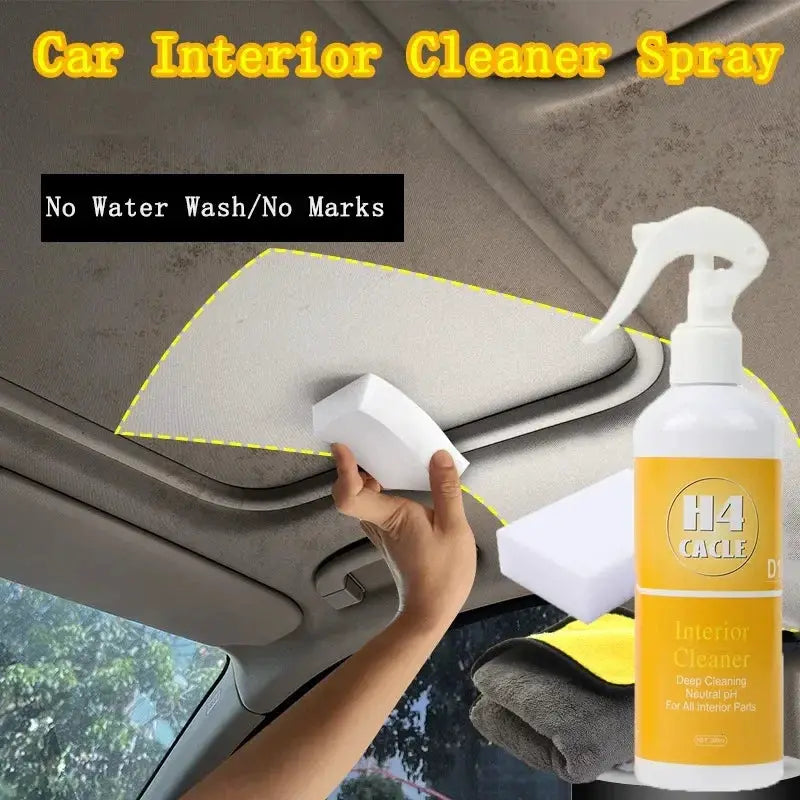 H4Cacle car upholstery cleaner spray bottle with spray head; white bottle with a yellow label cleans car interior upholstery