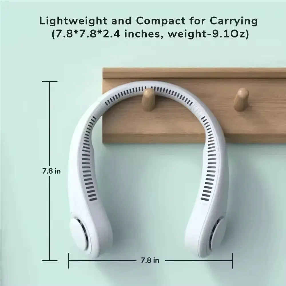 Hands Free Neck Fan by Simples Market, bladeless wearable USB-rechargeable cooling device, white, 3-speed.
