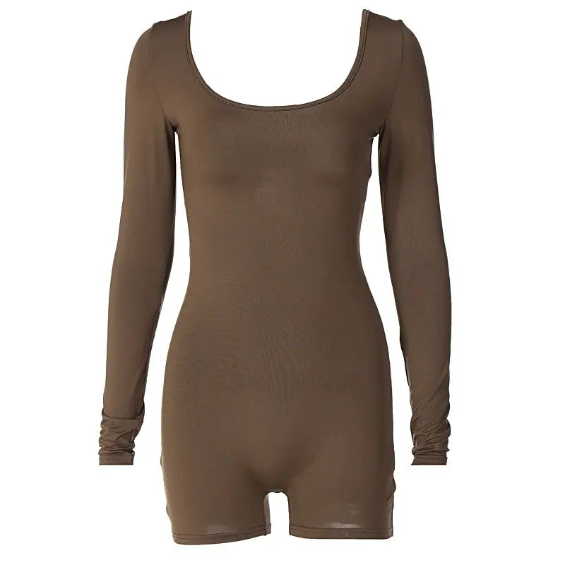 Hugcitar long-sleeve backless playsuit, solid brown