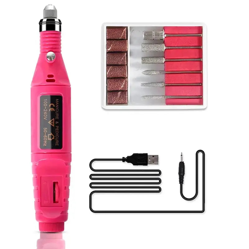 Pink electric nail drill kit with drill-bit set, sanding bands, and USB power cable