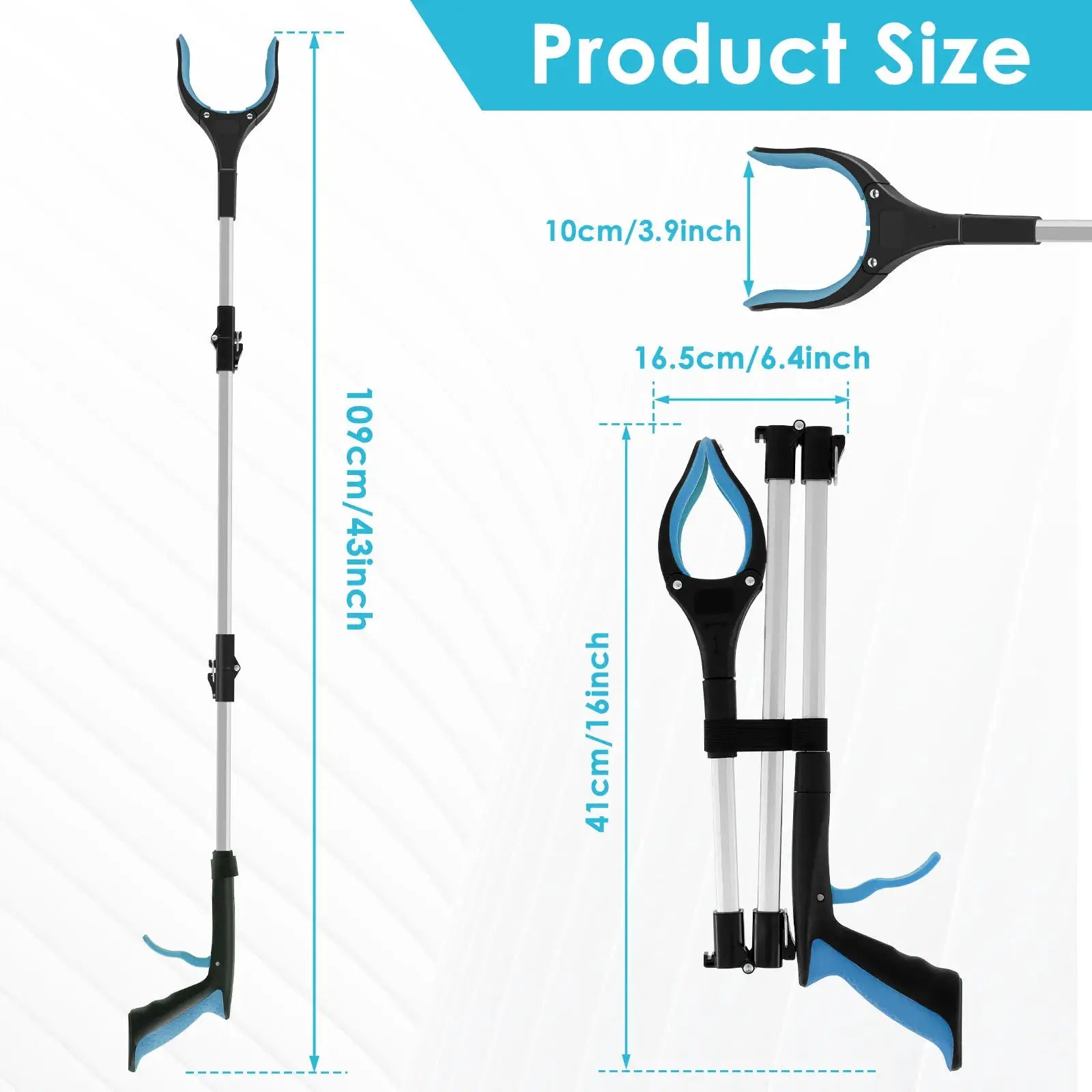 Foldable gripper extender litter picker with non-slip jaw, blue and black, Simples Market
