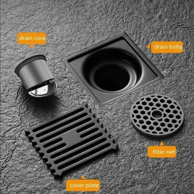 Simples Market five-piece 10cm square stainless steel bathroom floor drain kit with removable cover and filter net.