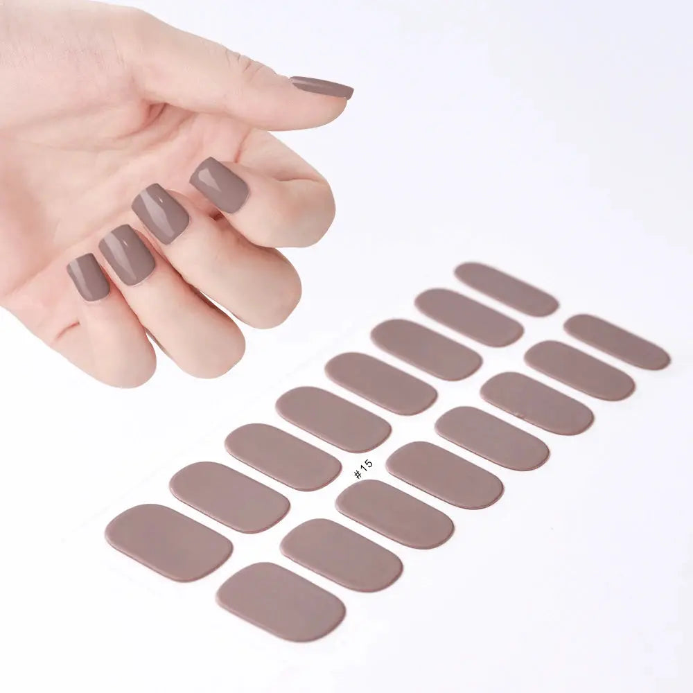 Nail sticker sheet with 16 mauve full-cover gel decals; swatches on a hand.