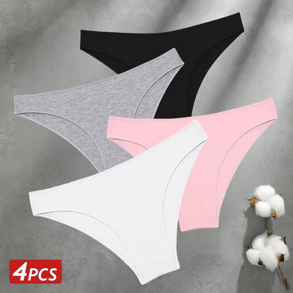 Simples Market 4-piece set of seamless cotton low-waist panties in black, gray, pink and white