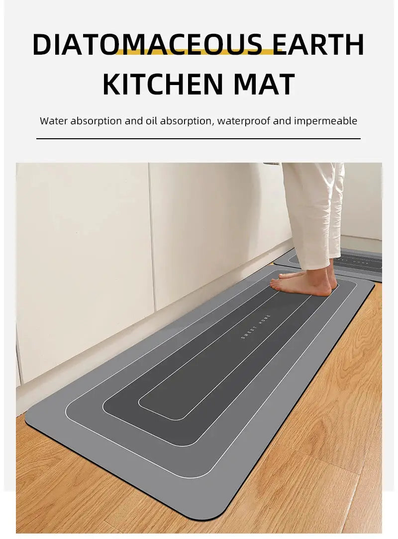 Diatomaceous Earth Kitchen Floor Mat, waterproof anti-skid, dirt-resistant, charcoal gray with light stripes
