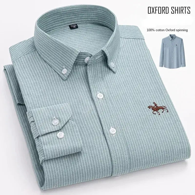 Casual men's cotton oxford shirt with horse embroidery in light blue striped fabric, long sleeve