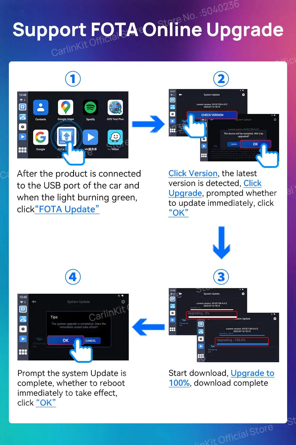 Android 13 CarlinKit Android Auto Wireless CarPlay AI TV Box by Simples Market infographic showing FOTA online upgrade steps.