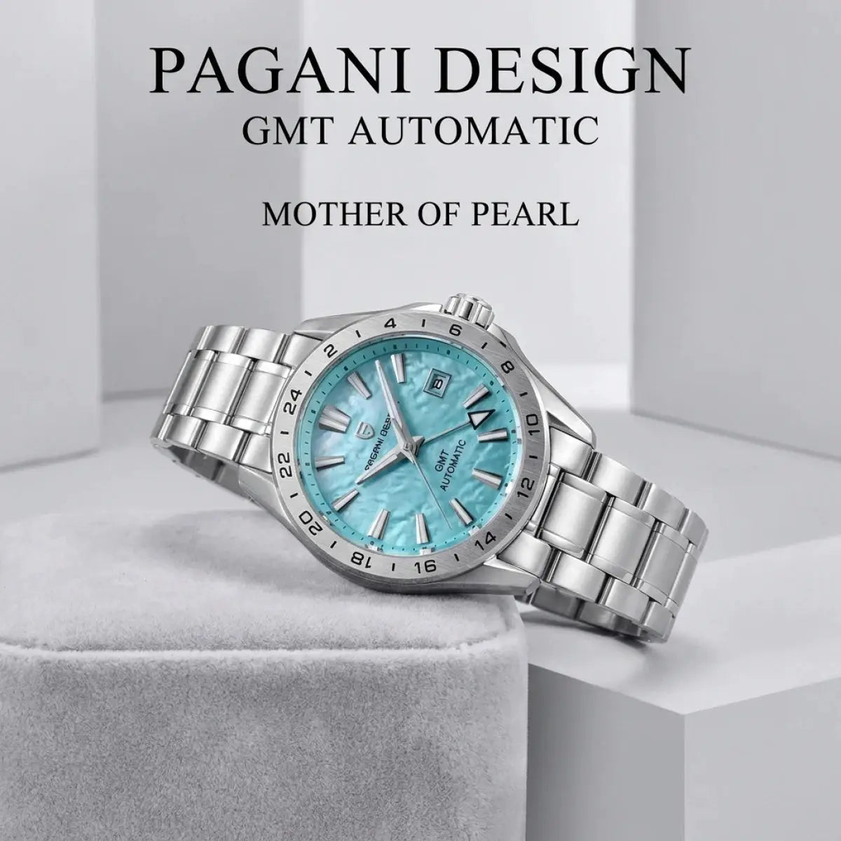 Pagani Design GMT automatic watch with stainless steel bracelet and turquoise dial