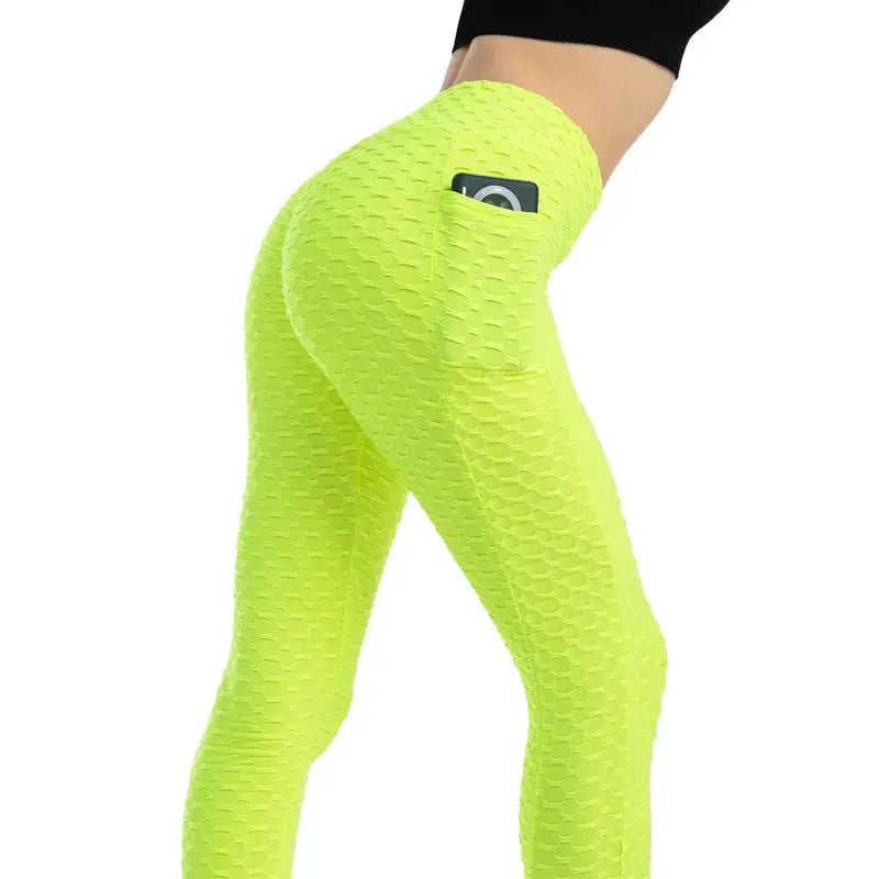 Women neon lime pocket bubble leggings with high-waist and phone pocket, Simples Market