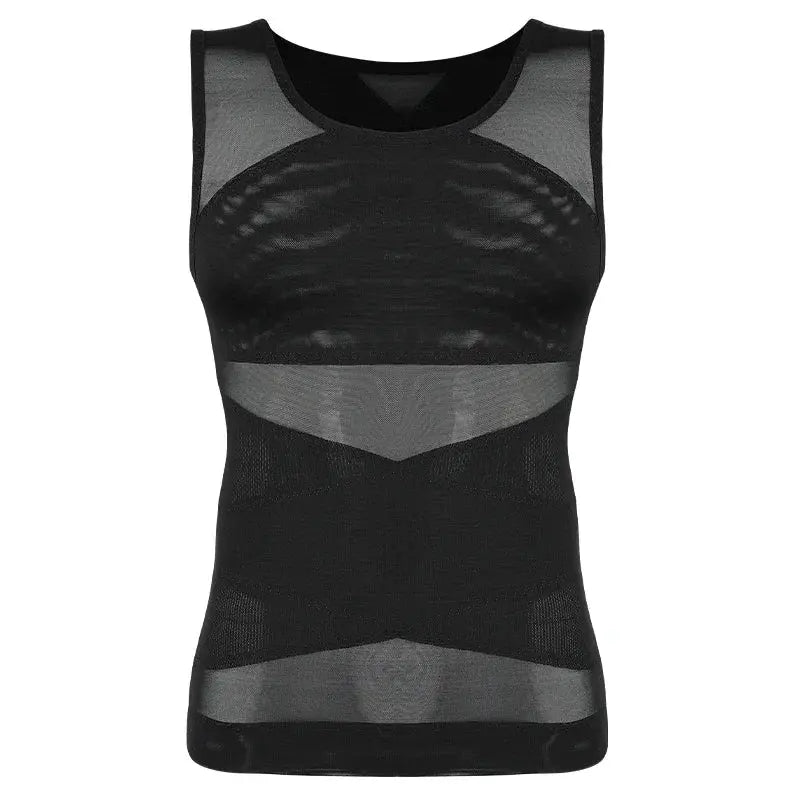 Simples Market men's slimming body shaper vest with criss-cross mesh panels, black sleeveless compression undershirt
