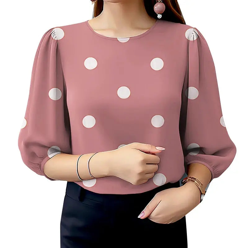 Polka Dot Blouse For Women ZANZEA O Neck Three Quarter Sleeve Top