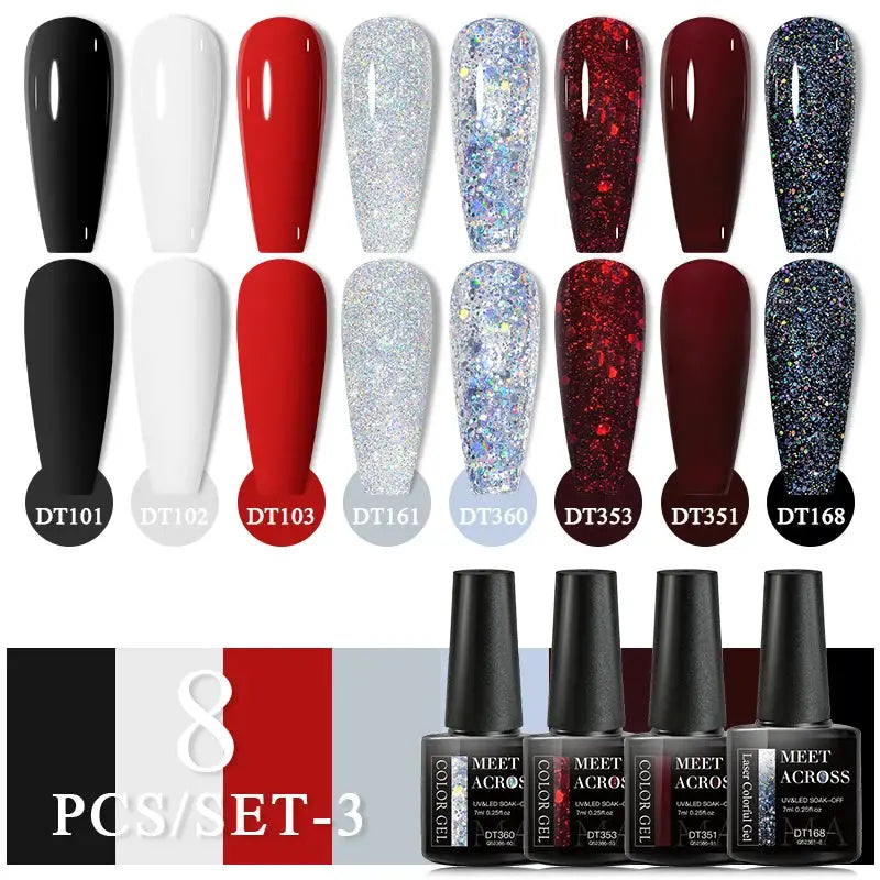 MEET ACROSS 8-bottle glitter gel nail polish set by Simples Market; assorted red, black, white and glitter shades