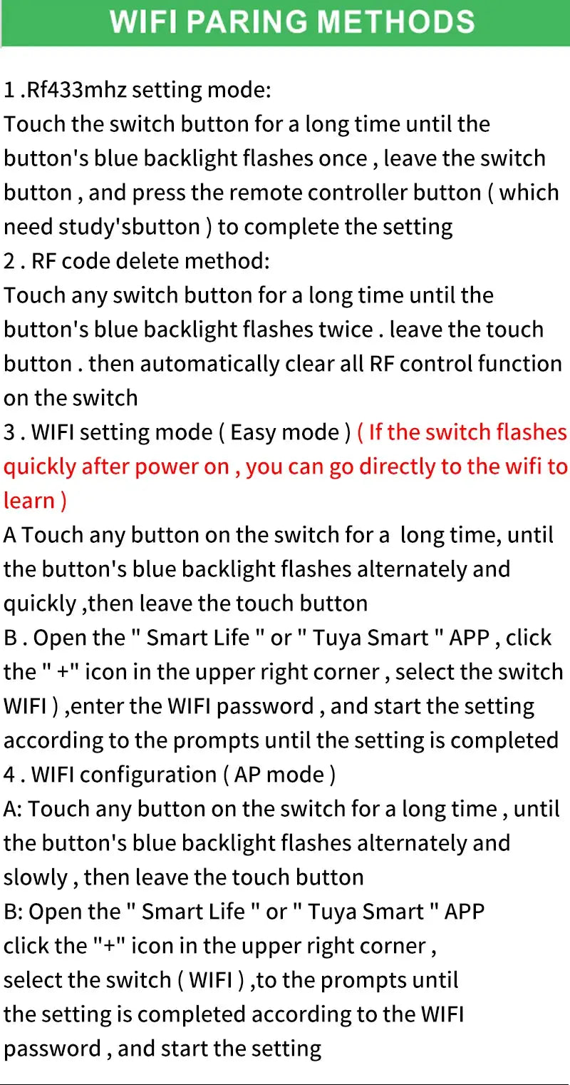RF433 1/2/3/4 gang US WiFi smart wall switch setup guide with Tuya app
