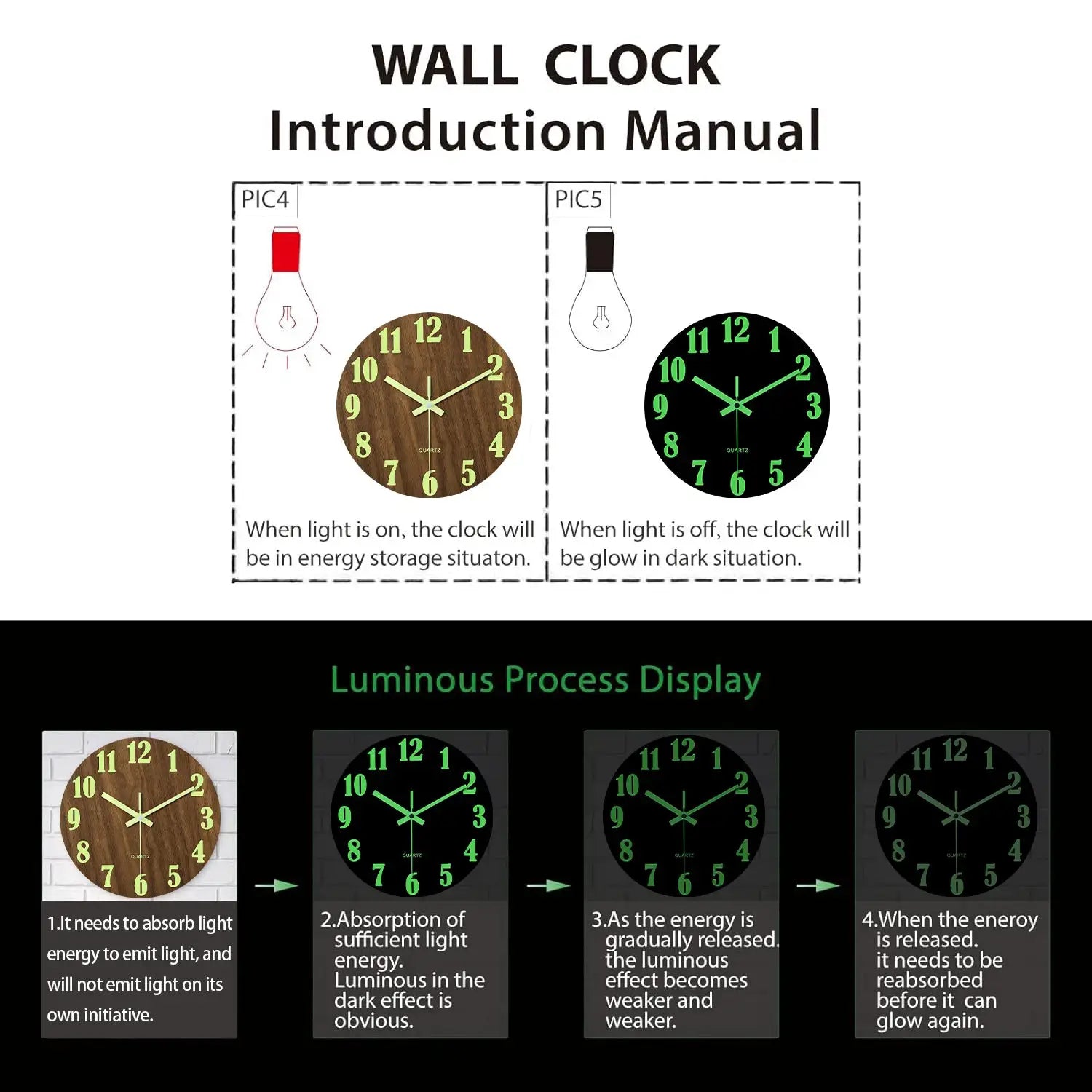 Two 12-inch luminous wall clocks by Simples Market — wood brown and black models with glow-in-the-dark green numerals.