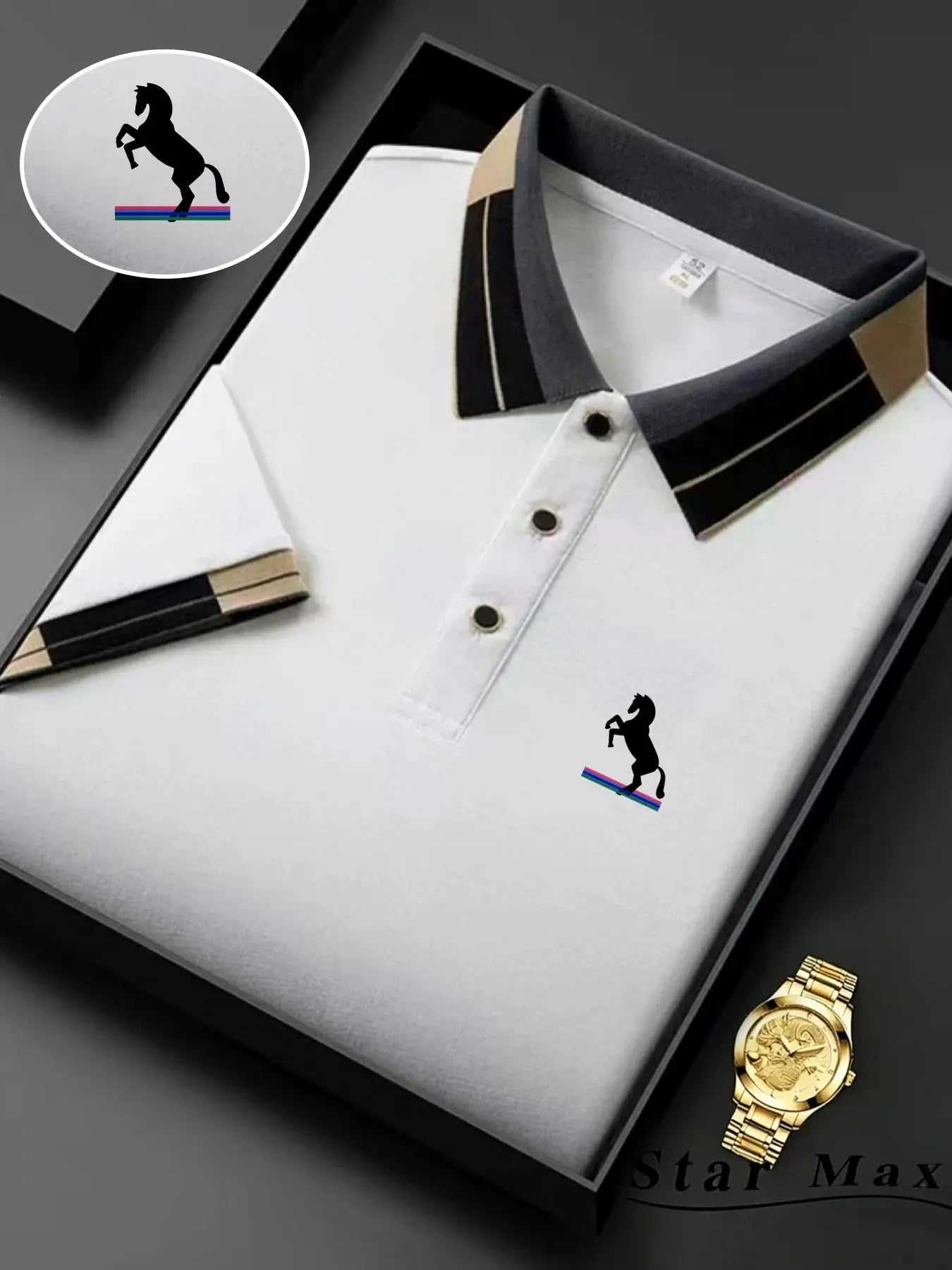 Men's polo shirt white with black and beige striped collar and horse embroidery logo, Simples Market