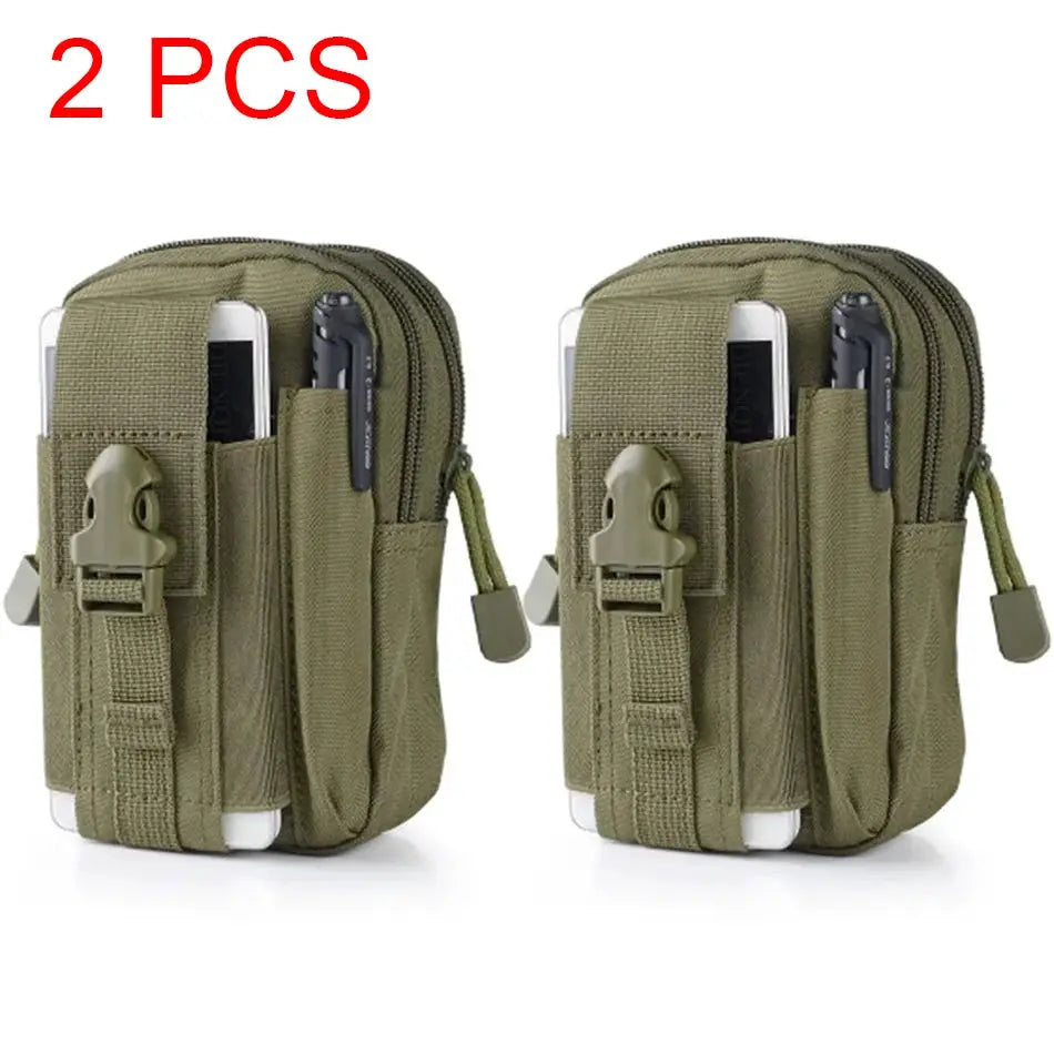 Simples Market tactical leg bag set; two olive green waist/leg pouches with phone pockets and clips