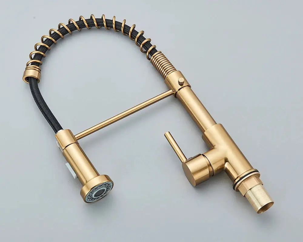Rozin deck-mounted kitchen faucet, brass finish, pull-down sprayer with coil hose