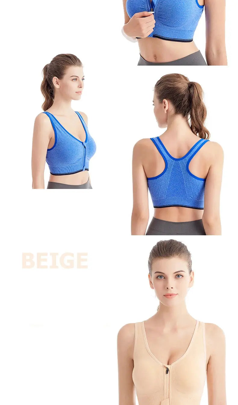 Running sports bra with front zipper; blue and beige color options; breathable seamless design