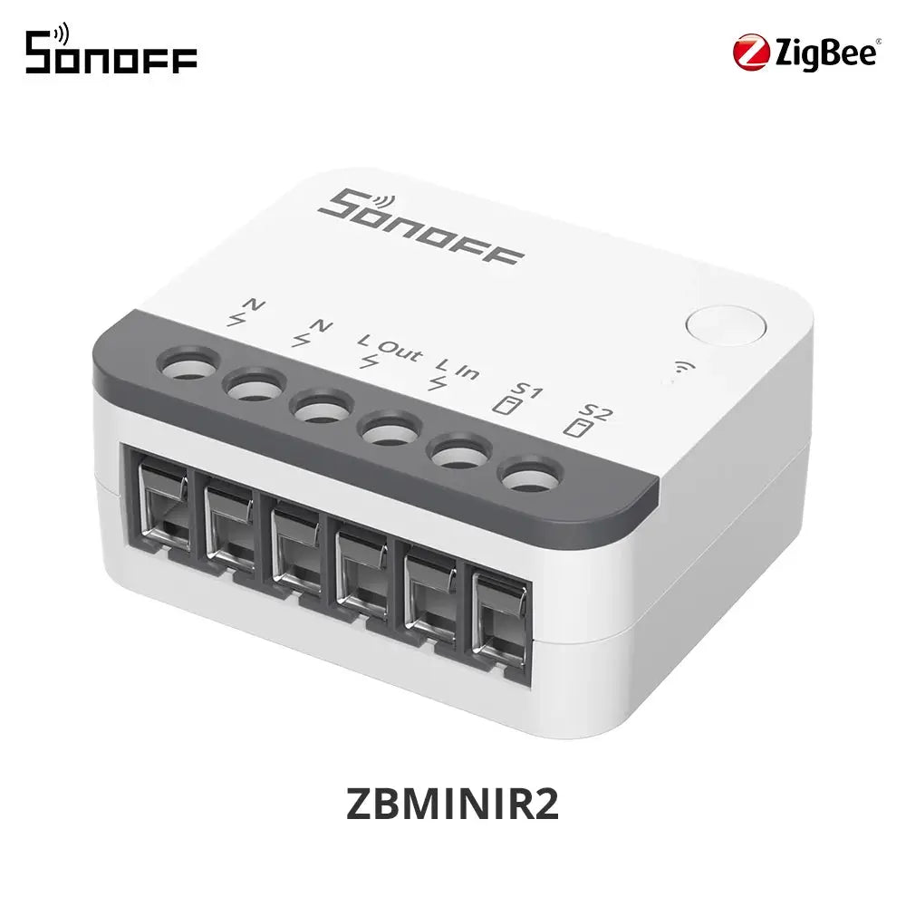 SONOFF ZBMINIR2 Zigbee smart switch module with six terminal ports, white plastic housing