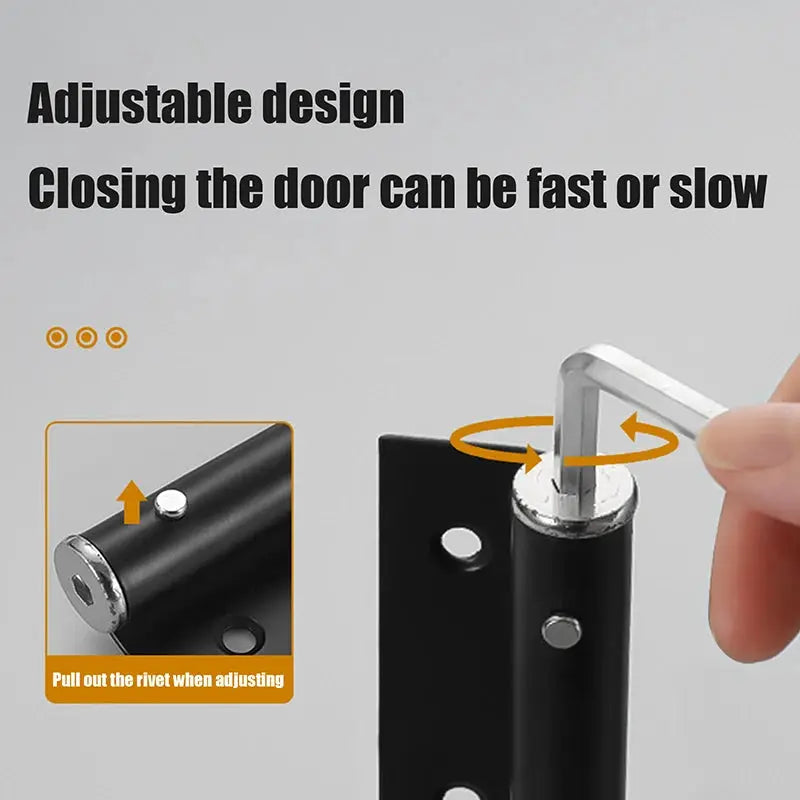 Automatic door closer, black metal body with screw accessories; adjustable design.