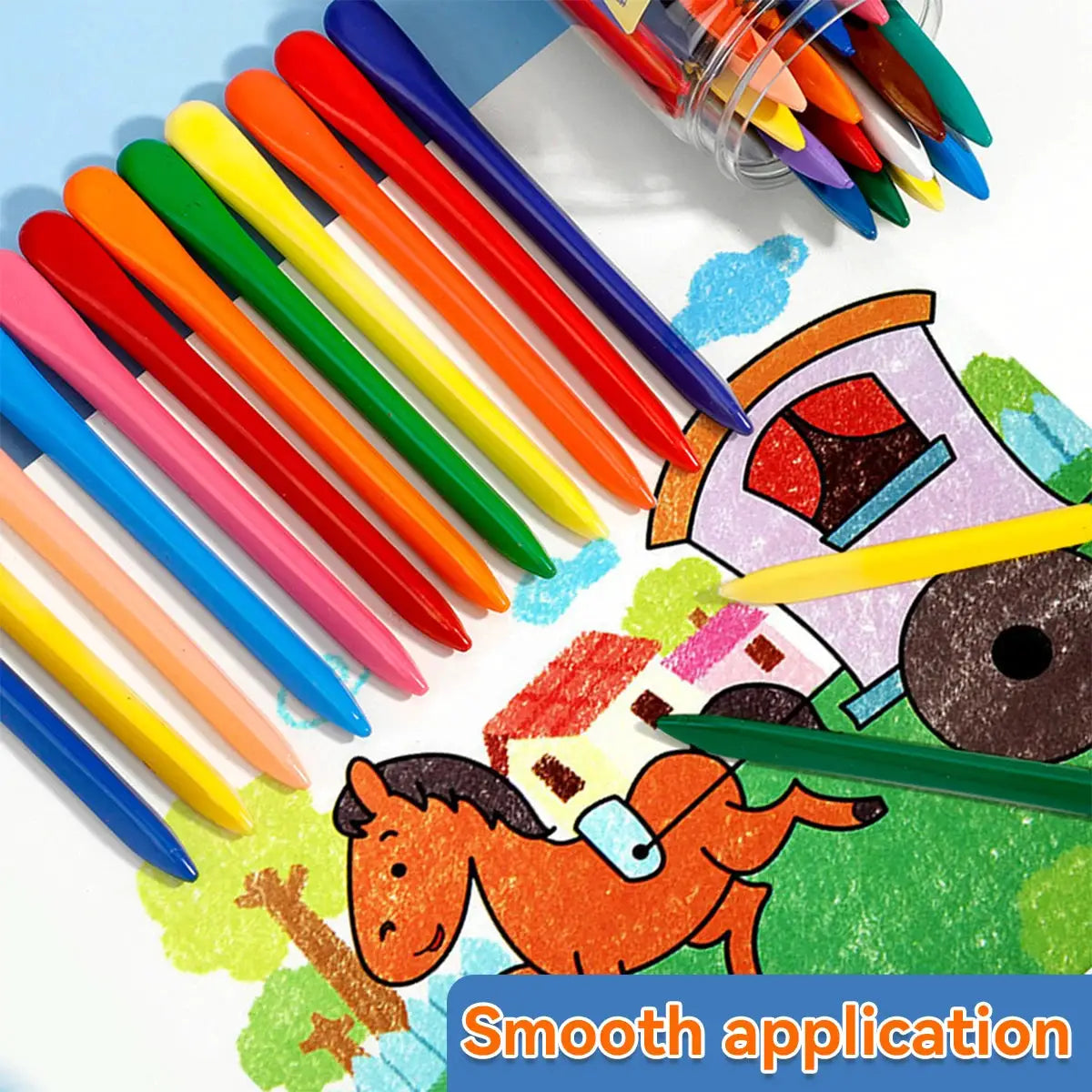 12-36 color kawaii double-headed triangle crayons for kids, rainbow multicolor set beside a playful cartoon drawing.