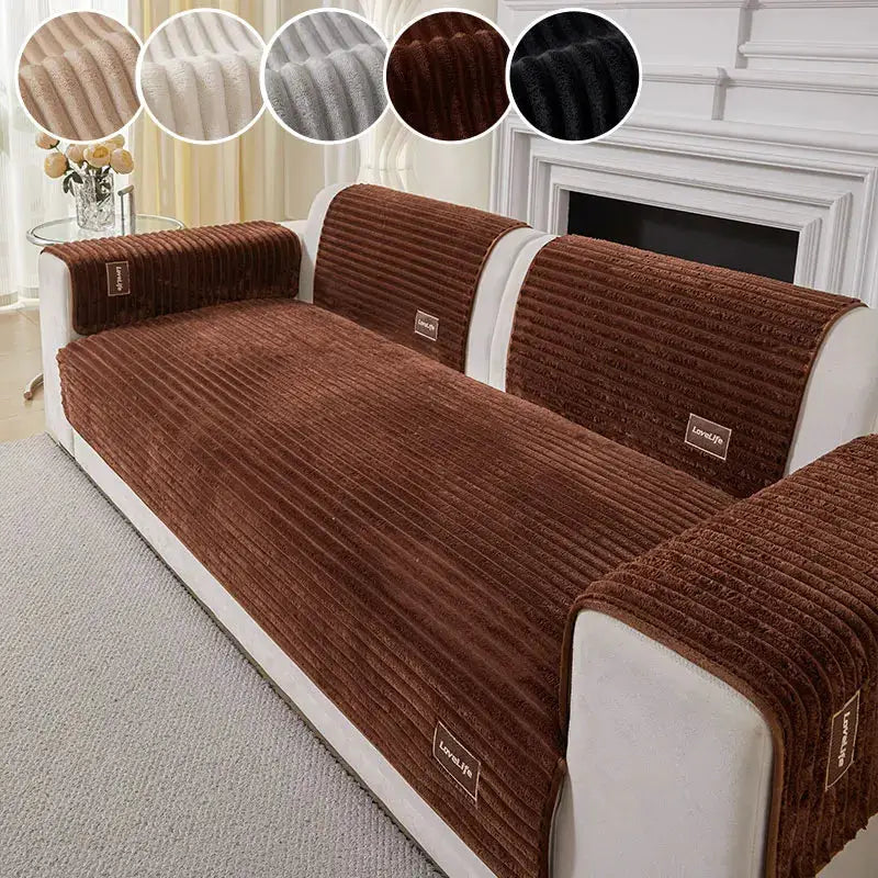 Sofa cushion cover brown corduroy, ribbed texture, anti-slip and dustproof for all-season use