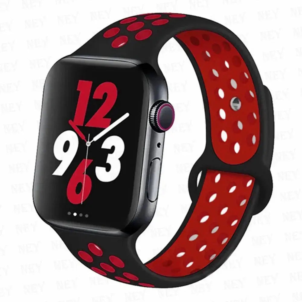 Silicone sport strap for Apple Watch band, black outer with red perforated inner, Simples Market