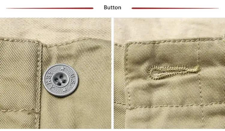 Rugged Bronson Army Chino Trousers khaki 1942 pattern by Simples Market; closeups of metal button and belt loop