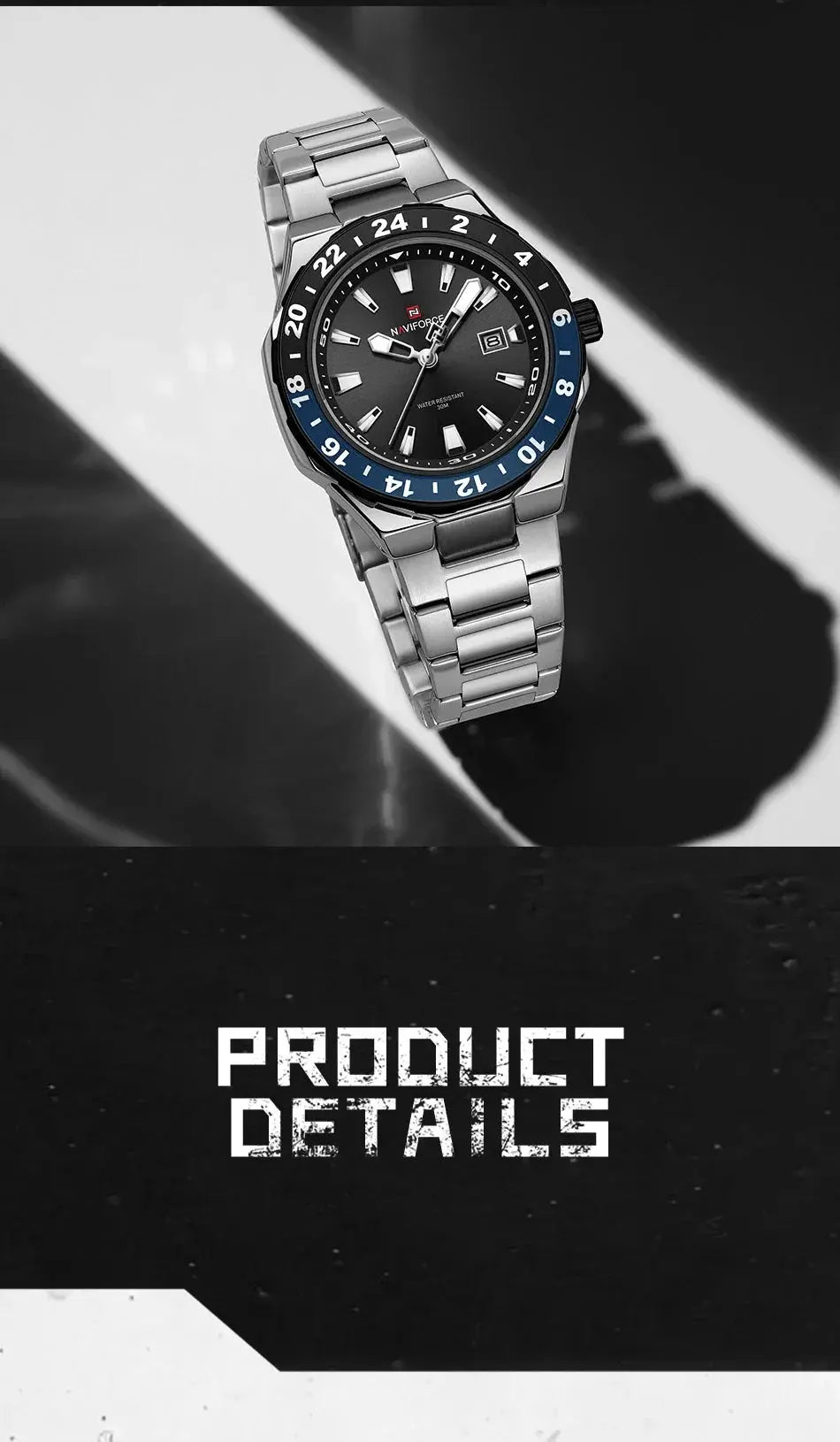 Naviforce stainless steel luxury sports watch with black dial, blue bezel, date window, waterproof