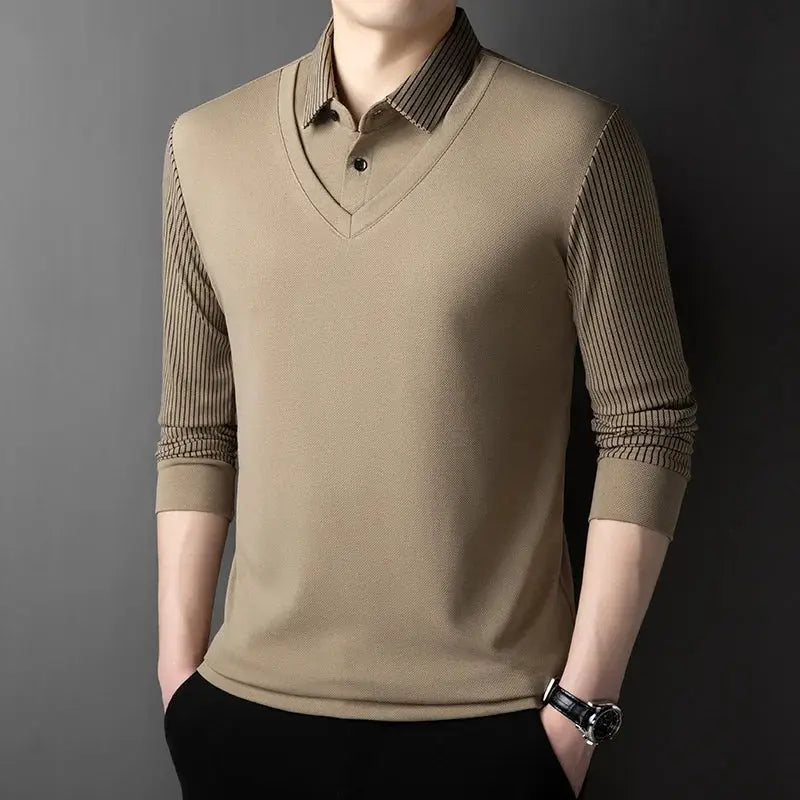 Men's beige layered polo top with striped long sleeves by Simples Market