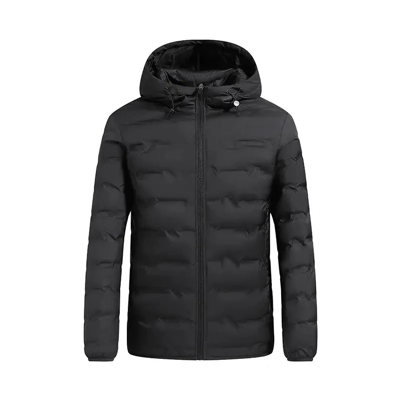 Men's black hooded puffer jacket with front zipper and horizontal quilted panels