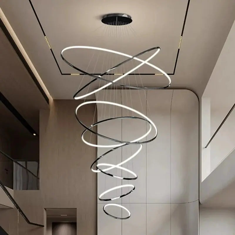 Simples Market modern spiral LED pendant light chandelier with hanging silver rings for living room