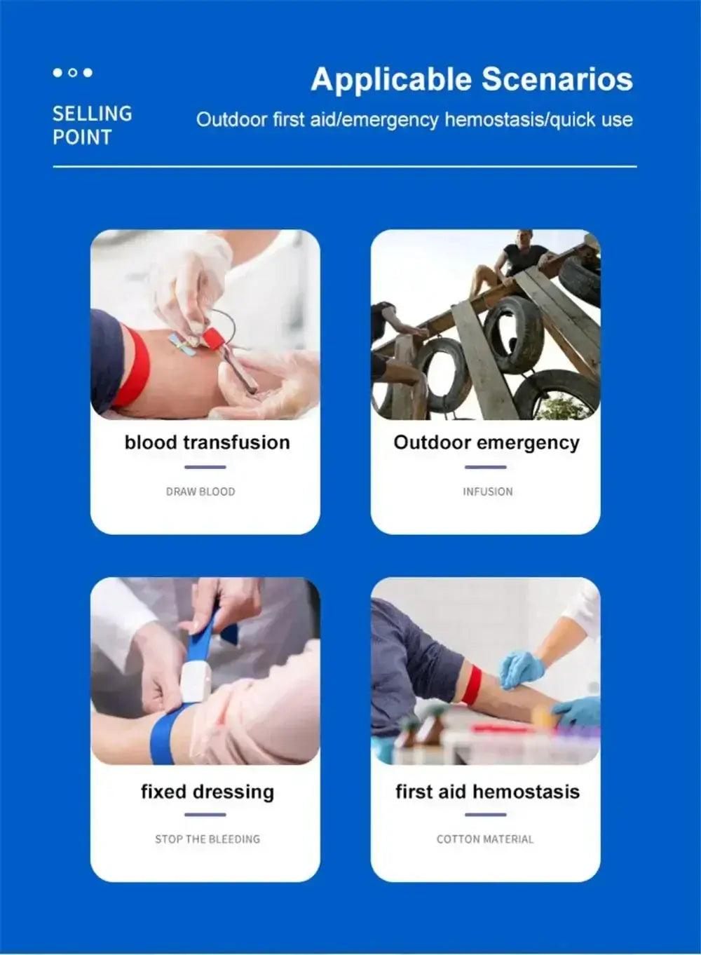 Emergency tourniquet nursing rescue kit infographic on a blue background illustrating four first aid steps
