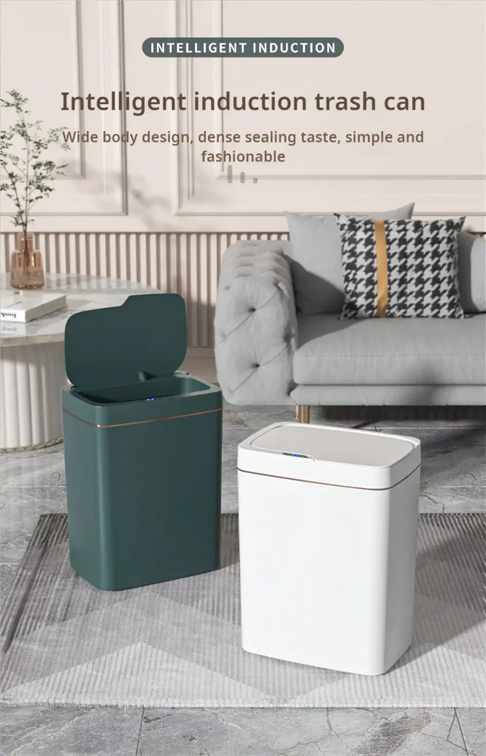 Smart sensor trash cans duo in white and teal, 15L capacity, automatic touchless lid